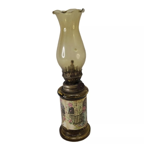 Vintage Amber Glass Hurricane Oil Lamp Hong Kong Religious Scene Paper 9¼"H - Picture 3 of 12